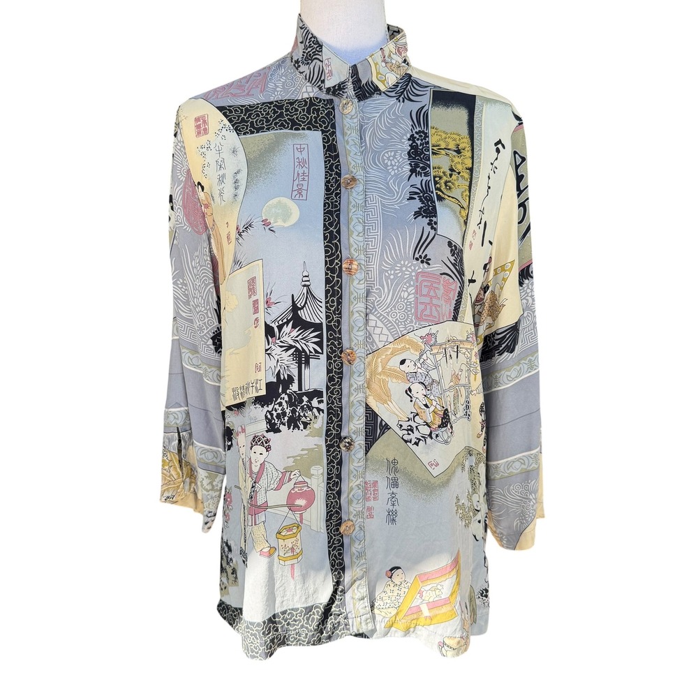 Citron Santa Monica Silk Blouse Asian Print Mandarin Collar Blue Yellow M